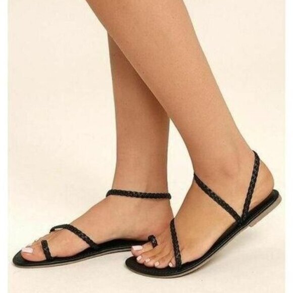 Lulus Mirela Black Flat Sandals Vegan Leather Braided Straps Size 8.5 NIB - Picture 1 of 7